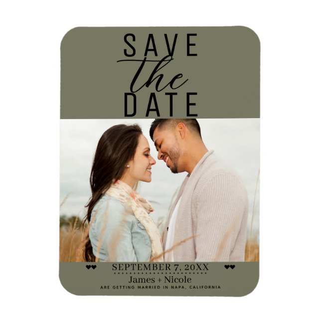 Modern Olive Green Save the Date Wedding Photo Magnet (Vertical)