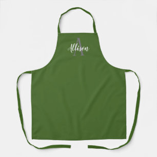 Modern Olive Green Script Monogram Name Womens Apron