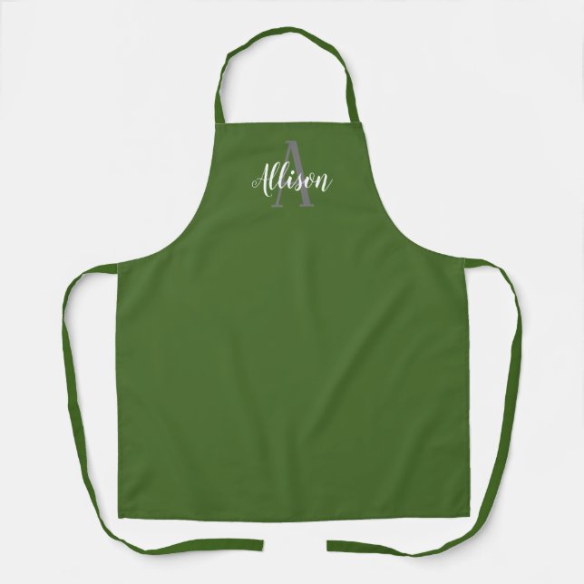 Modern Olive Green Script Monogram Name Womens Apron (Front)