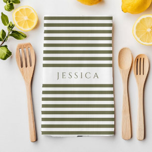Modern Olive Green Striped Pattern Tea Towel