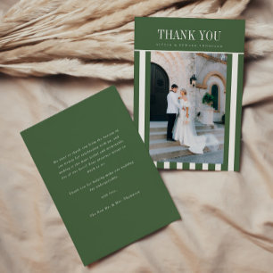 Modern Olive Green Stripes Wedding Photo Thank You Card