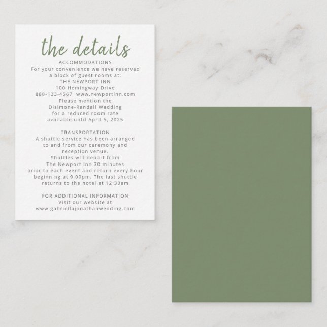 Modern Olive Green Wedding Details Enclosure Card (Front/Back)