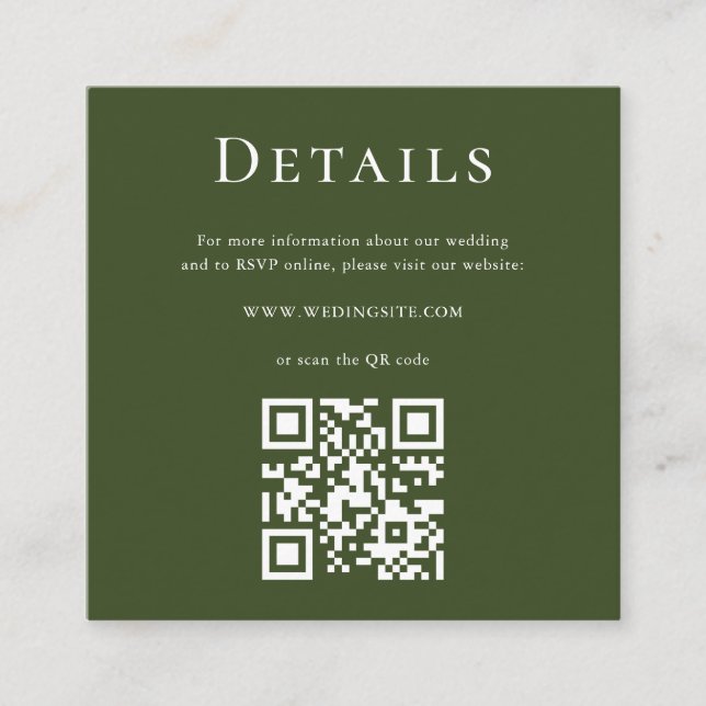 Modern Olive Green Wedding Details QR Code Enclosure Card (Front)