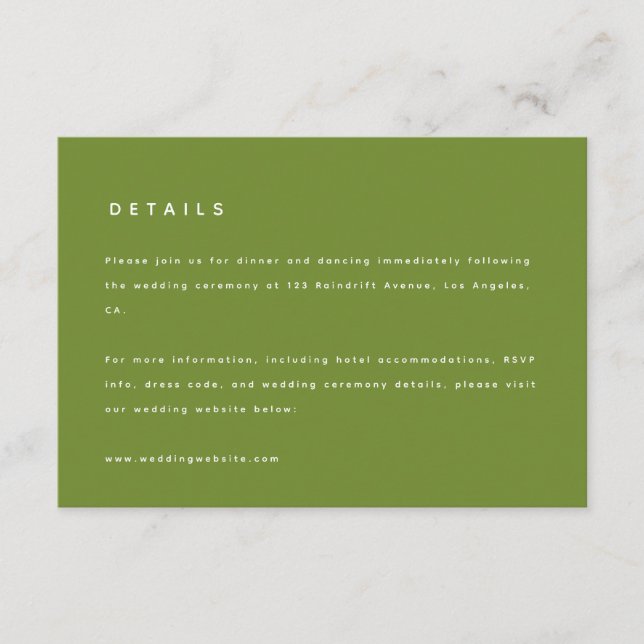 Modern Olive Green Wedding Details & Website Enclosure Card (Front)