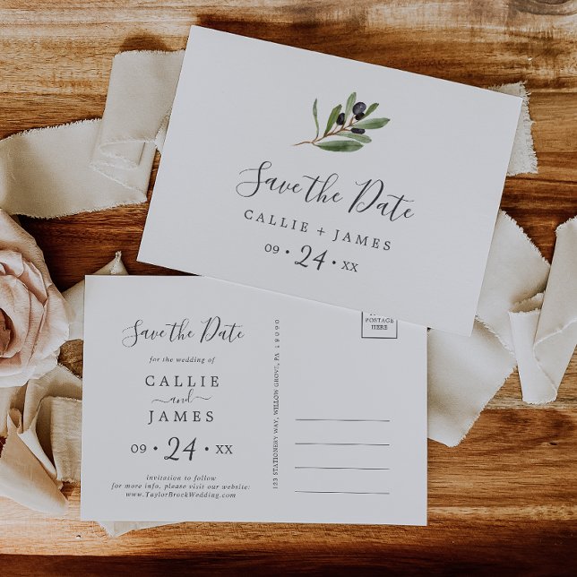 Modern Olive Horizontal Save the Date Postcard (Creator Uploaded)