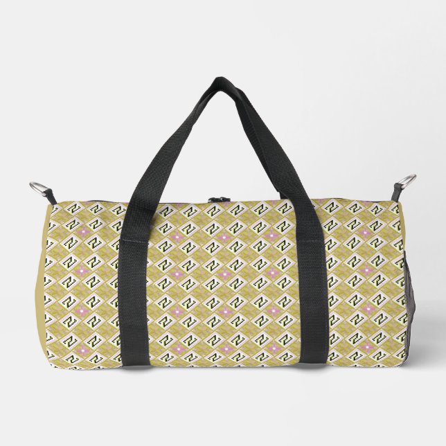 Modern Olive & Magenta Geometric Tribal Pattern Duffle Bag (Front)