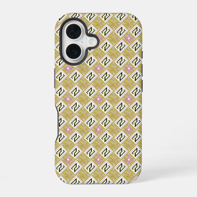 Modern Olive & Magenta Geometric Tribal Pattern iPhone 16 Case (Back)