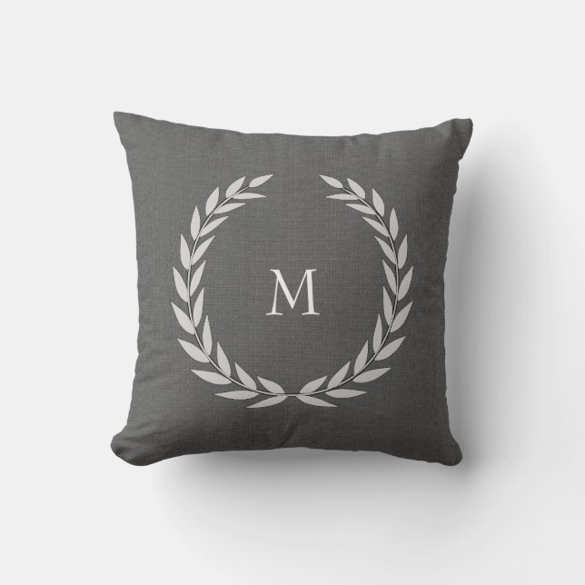 Modern Olive wreath dark grey burlap monogram Cushion (Front)