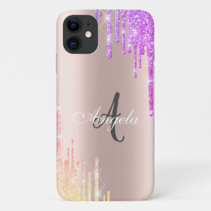 Modern Ombre Glitter Drips Rose Gold,Monogram iPhone 11 Case