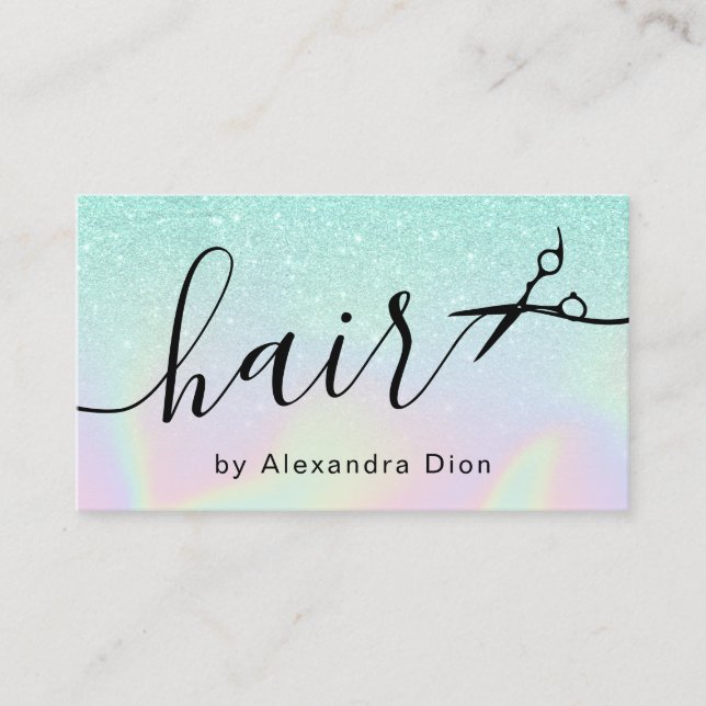 Modern ombre mint holographic hairstylist business card (Front)