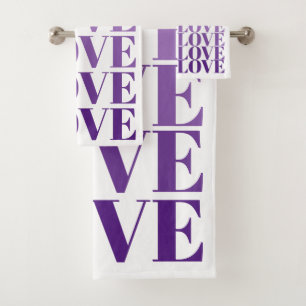 Modern ombre purple LOVE typography Valentines Day Bath Towel Set