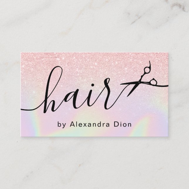 Modern ombre rose gold holographic hairstylist business card (Front)