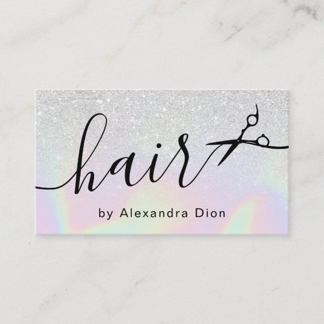 Modern ombre silver holographic hairstylist business card (Front)