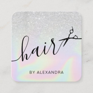 Modern ombre silver holographic hairstylist square business card