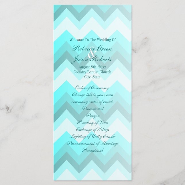 modern ombre turquoise chevron wedding programs (Front)