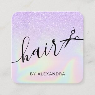 Modern ombre violet holographic hairstylist square business card