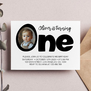 Modern ONE Black and White Birthday Photo Invite