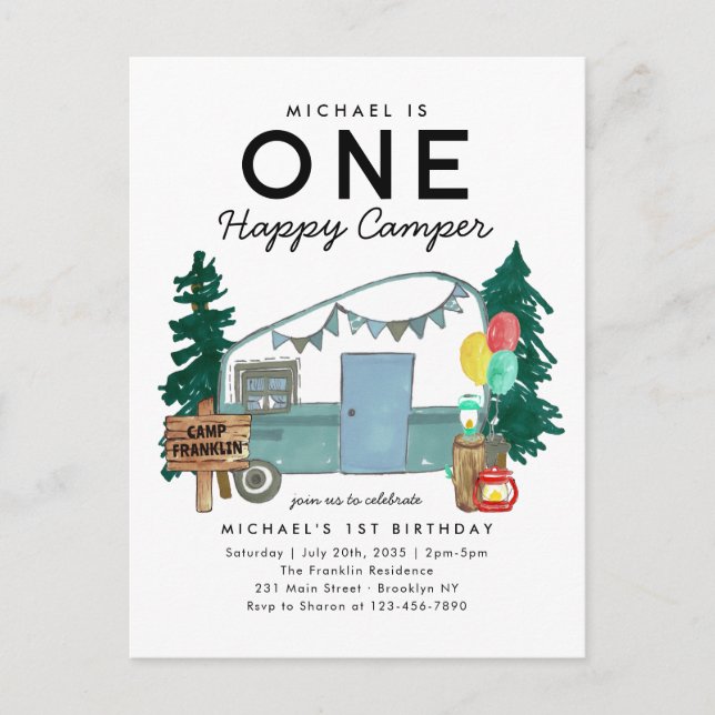 Modern One Happy Camper Trees Camping 1st Birthday Postcard (Front)
