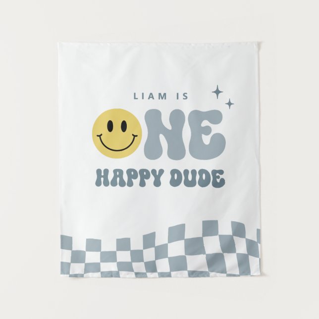 Modern ONE Happy Dude Birthday Party Tapestry (Front)
