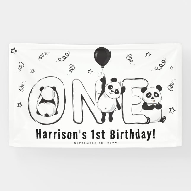 Modern ONE Panda 1st Birthday Party Banner (Horizontal)