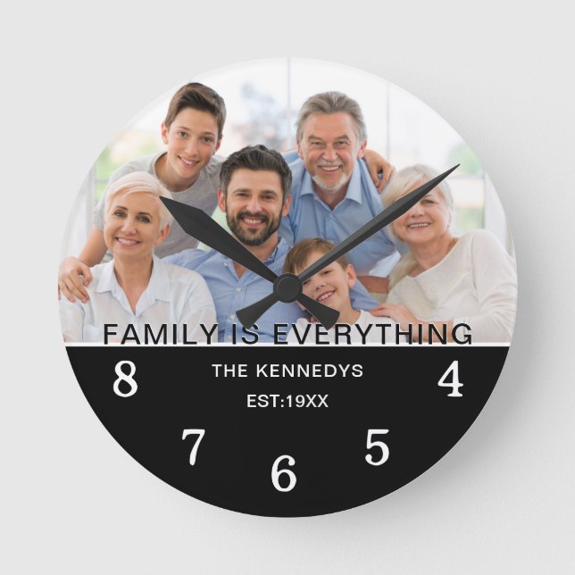 Modern One Photo Family Name Quote Black And White Round Clock (Front)