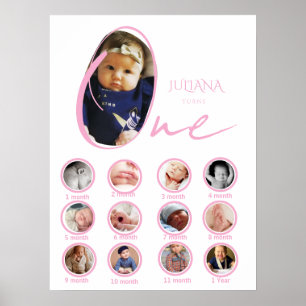 Modern One Year Milestone Baby Girl Photo Collage  Poster