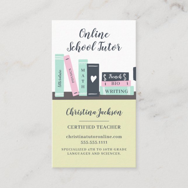 Modern online school tutor cute books illustration business card (Front)