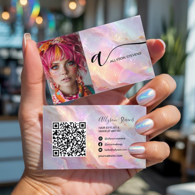 Modern Opal Rainbow Glitter Photo QR Code Makeup Business Card (Modern Opal Rainbow Glitter Photo QR Code Makeup Business Card)