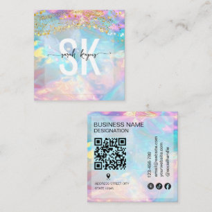 Modern Opal stone holographic monogram Qr Code Square Business Card