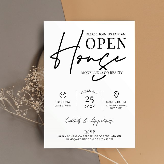Modern Open House Black White Real Estate Business Invitation (Modern Open House Invitation design in black and white, perfect to promote your next event)
