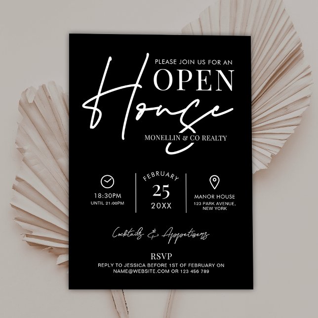 Modern Open House Black & White Realty Business I Invitation (Modern black and white Open House Event Invitation)