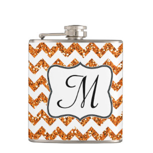 Modern Oran Glitter Chevron Monogram Whiskey Flask