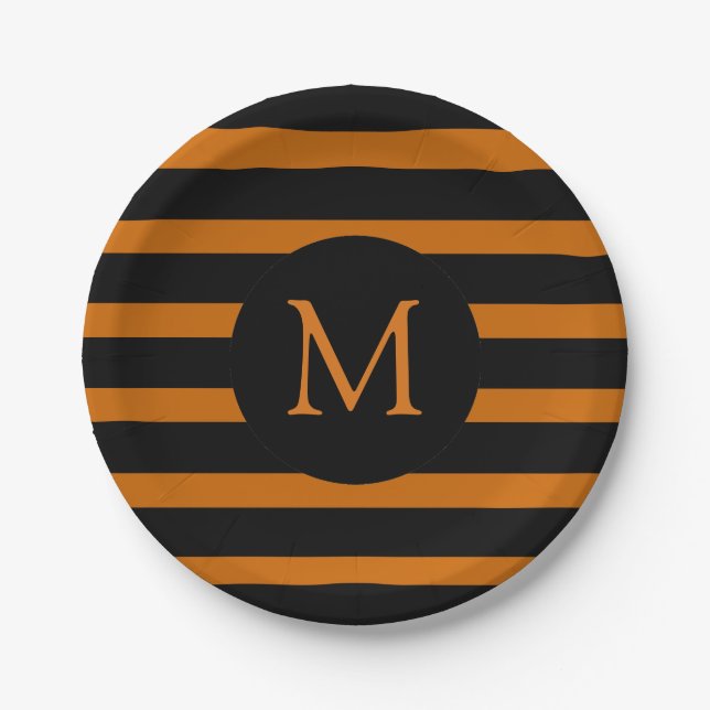 Modern Orange and Black Stripes Monogram Paper Plate (Front)