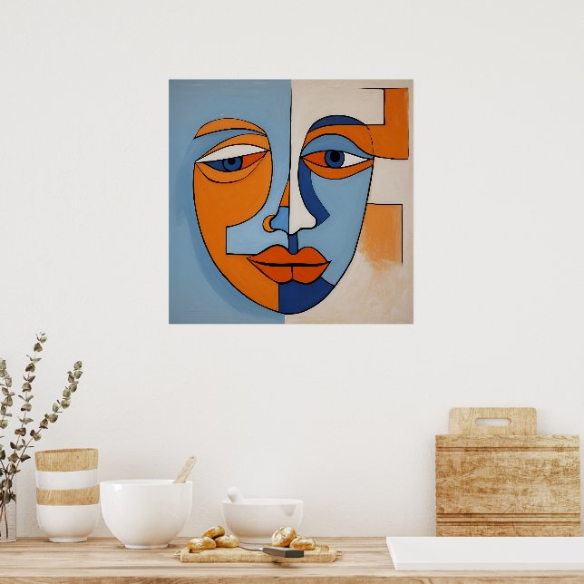 Modern Orange and Blue Abstract Face Poster (Kitchen)
