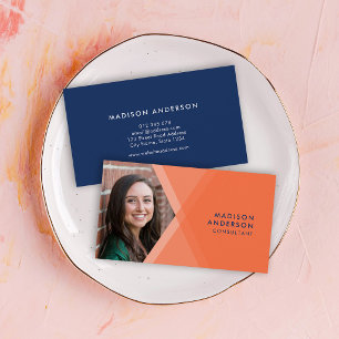 Modern Orange and Blue Layered Geometric Photo Business Card