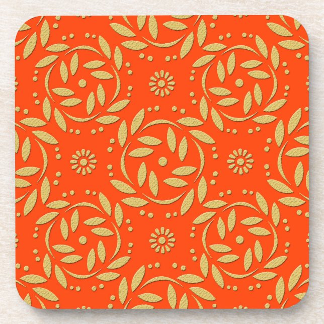 Modern Orange and Gold Floral Pattern Coaster (Front)