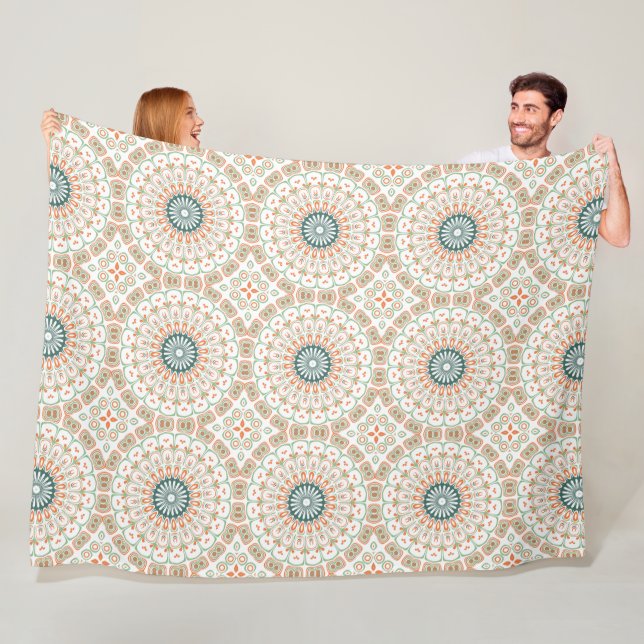 Modern Orange and Green Mandala Pattern Fleece Blanket (In Situ)