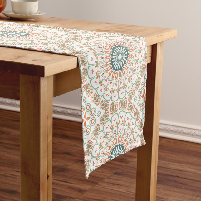 Modern Orange and Green Mandala Pattern Medium Table Runner (In Situ)