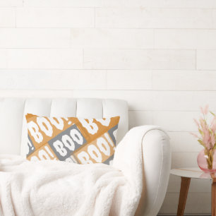 Modern Orange and Grey Boo Pattern Halloween Lumbar Cushion