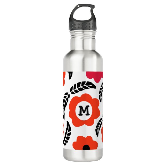 Modern Orange and Red Floral Monogram 710 Ml Water Bottle (Front)