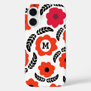 Modern Orange and Red Floral Monogram iPhone 16 Case