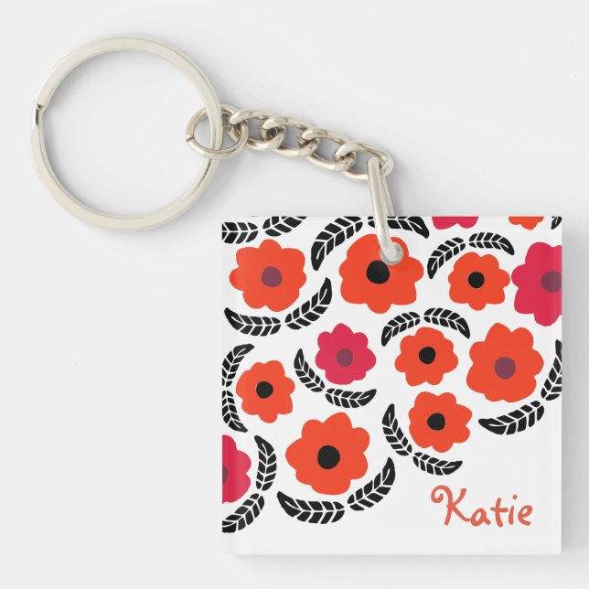 Modern Orange and Red Floral Personalised Key Ring (Front)