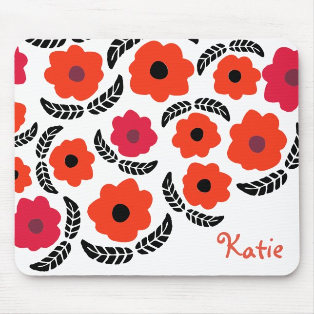 Modern Orange and Red Floral Personalised Mouse Pad (Front)
