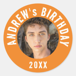 Modern Orange And White Bold Typography  Photo  Classic Round Sticker