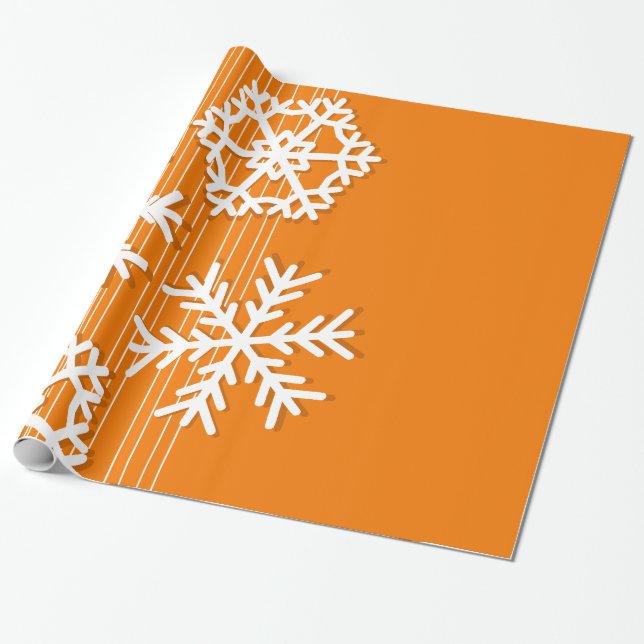 Modern orange and white Christmas  snowflakes Wrapping Paper (Unrolled)