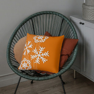 Modern orange and white Christmas white snowflakes Cushion