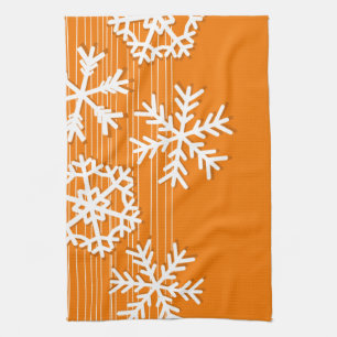 Modern orange and white Christmas white snowflakes Tea Towel