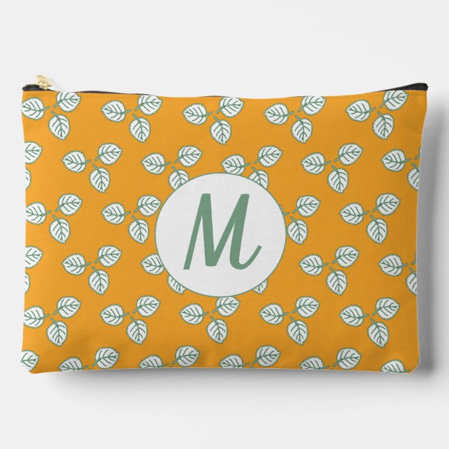 Modern Orange and White Leaf Pattern Monogram Accessory Pouch (Front)