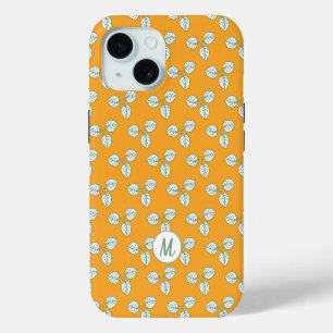 Modern Orange and White Leaf Pattern Monogram iPhone 15 Case