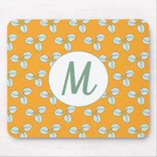 Modern Orange and White Leaf Pattern Monogram Mouse Pad